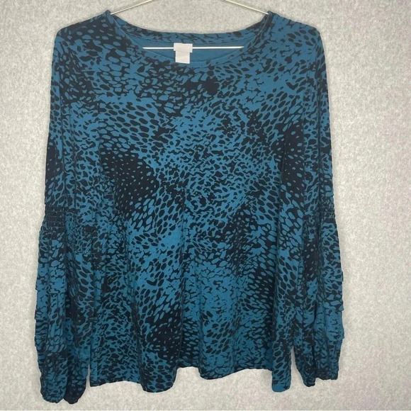 Chicos Velvet Burnout Flocked Sleeve Bohemian Teal Black Top - Picture 3 of 9
